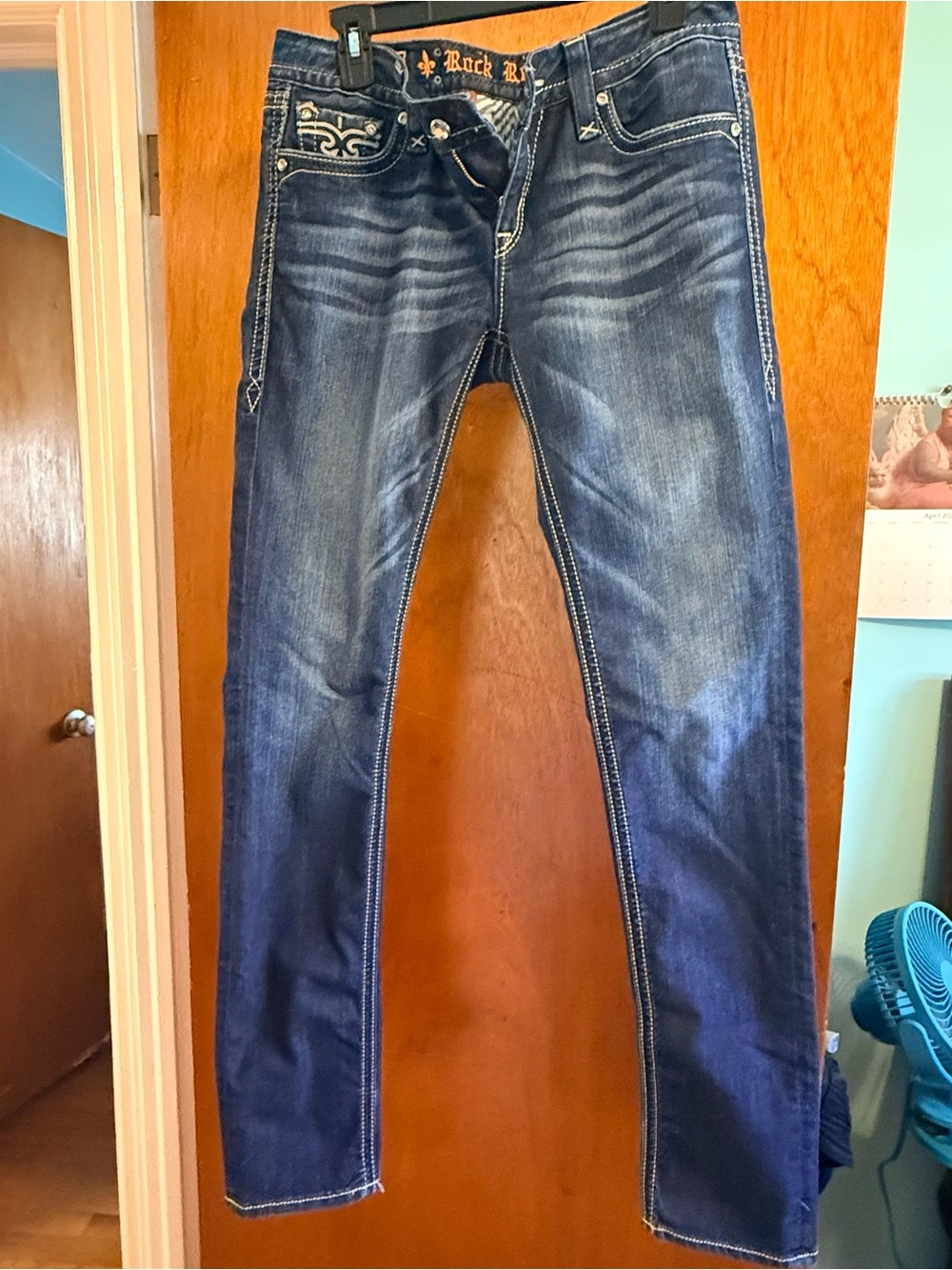 Rock Revival Dark Blue Straight Leg Jeans with Embroidered Pocket - Picture 3 of 9